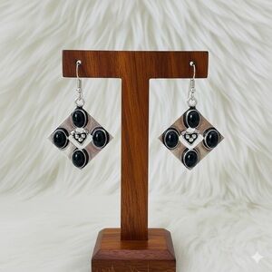 Black Cabochon Statement Earrings Silver Plated Geometric Dangle Boho